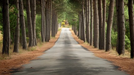 Obraz premium Empty road lined with towering pine trees, peaceful and isolated