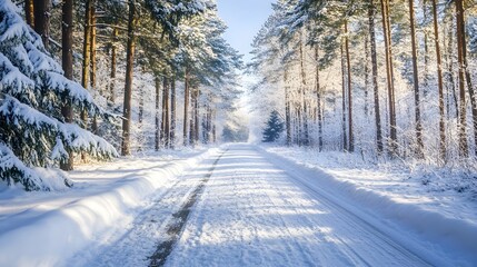 Obraz premium Snow-covered road in pine forest, serene winter wonderland scene