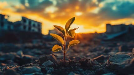Young Plant Growing in Urban Ruins at Sunset
