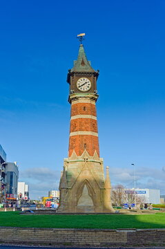 The Clock Tower in the centre of the town with blue sky. in Skegness Lincolnshire, November, 2023: 