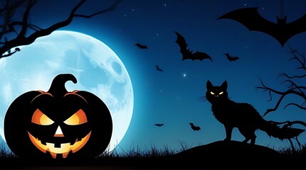 Fototapeta premium happy halloween graphic pumpkins bats cauldron full moon