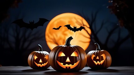 happy halloween graphic pumpkins bats cauldron full moon