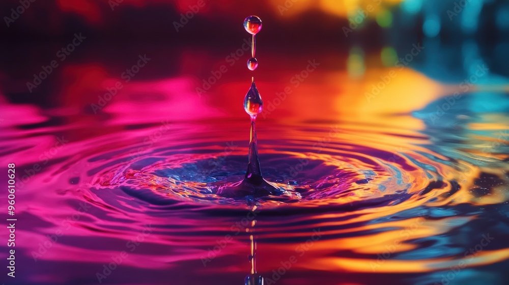 Poster a single drop of chemical hangs in the air just before it makes contact with the colorful liquid bel