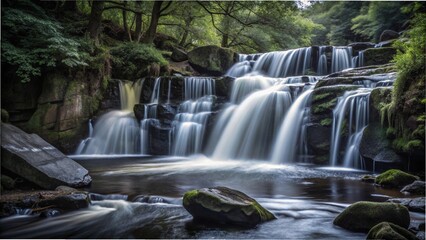 A serene waterfall cascades over rocks, surrounded by lush green trees in a tranquil woodland setting