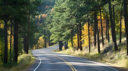 Obraz premium Scenic drive through autumnal pine forest, colorful foliage lining the road