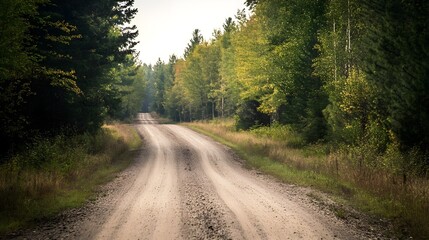 Obraz premium Gravel road in pine forest, rustic and rural charm