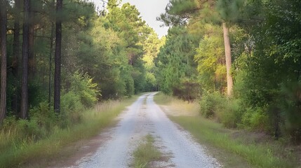 Obraz premium Gravel road in pine forest, rustic and rural charm
