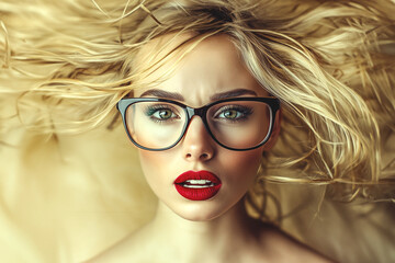 A striking close-up portrait of a blonde woman wearing bold black-framed glasses, with voluminous wavy hair cascading around her face. Expressive eyes, vivid red lipstick. Fashion, beauty, eyewear.
