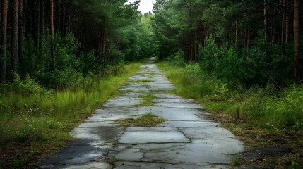 Abandoned road in overgrown pine forest, sense of mystery and decay