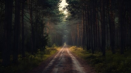 Fototapeta premium Abandoned road in overgrown pine forest, sense of mystery and decay