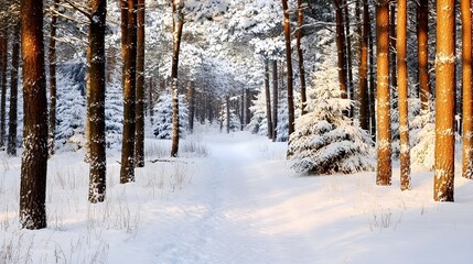 Fototapeta premium Path through snow-dusted pine forest, winter serenity and calm