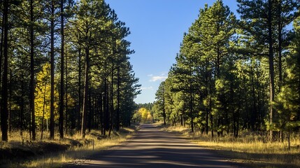 Obraz premium Road disappearing into the distance among tall pines, endless possibilities
