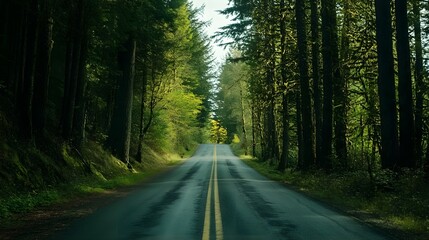 Fototapeta premium Road disappearing into the distance among tall pines, endless possibilities