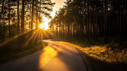 Obraz premium Sunset over a road in pine forest, golden light creating a magical scene