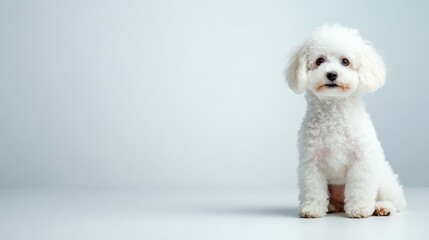 Obraz premium Adorable white fluffy dog sitting against a light blue background, looking curious and cute.