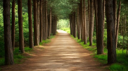 Pathway through pine forest park, inviting and serene for a stroll