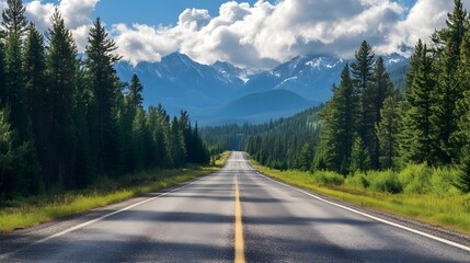Fototapeta premium Road with pine trees and mountains in the background, natureâ€™s grandeur