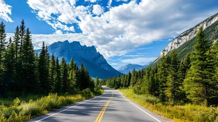 Fototapeta premium Road with pine trees and mountains in the background, natureâ€™s grandeur