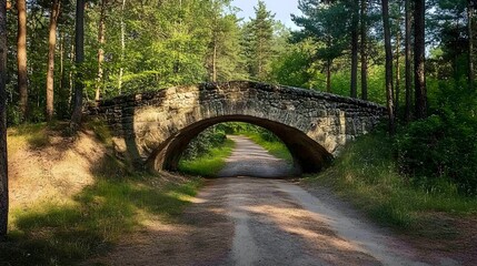 Fototapeta premium Old bridge on a forest road, pine trees surrounding, historic and picturesque
