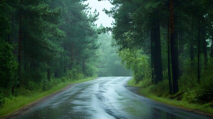 Obraz premium Quiet road after rain in pine forest, fresh and rejuvenating