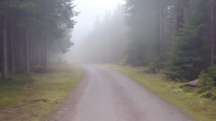 Obraz premium Morning fog on a forest road, pine trees barely visible, serene and mystical