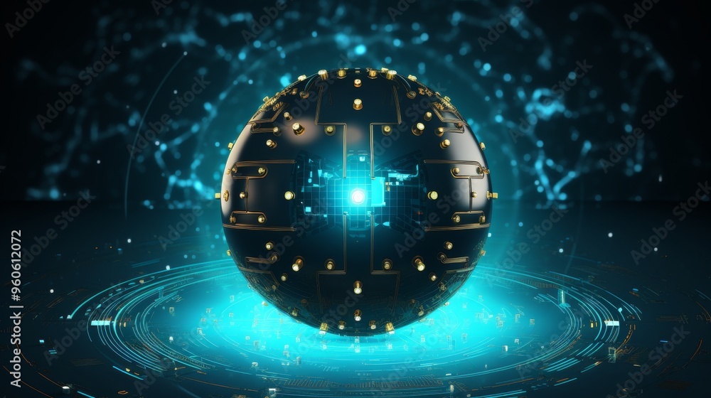 Poster abstract circuit board with hexagons and sphere in turquoise and beige, hi tech digital concept