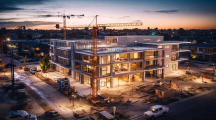 Building under construction at dusk