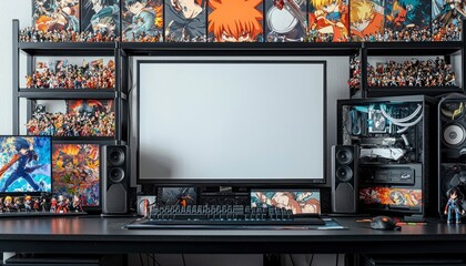 Anime Themed Gaming Setup with a Large Monitor and a Custom PC