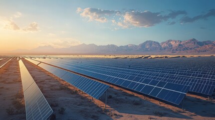 A large solar energy station is spread across the desert, with rows of photovoltaic panels absorbing sunlight under a bright sky at sunset, emphasizing clean energy production