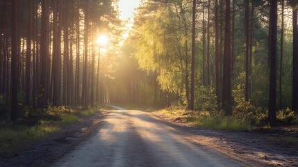 Obraz premium Road through a pine forest at sunrise, warm light creating a peaceful scene