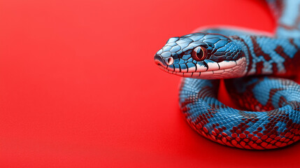 Fototapeta premium Cute little snake sitting on red background on right side. Chinese New Year 2025