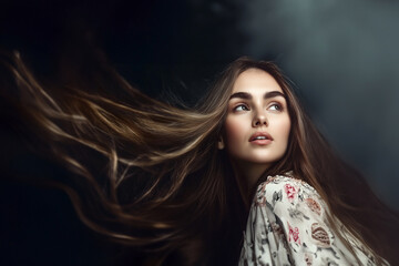 A captivating portrait of a young woman with long flowing hair, looking off into the distance. Serene and thoughtful expression captured in dramatic lighting. Beauty, elegance, and fashion -concept.