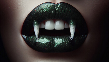 Close-up of halloween dark green glitter sparkling lips. Generative AI.