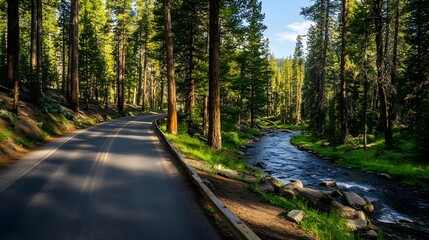 Scenic drive through pine forest with a river running parallel, natureâ€™s harmony