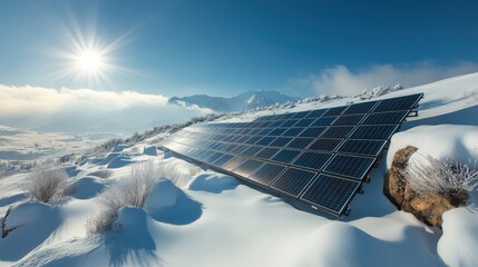 A solar panel array is covered in snow, capturing sunlight in a beautiful winter landscape. The panels stand out against the white snow, showcasing renewable energy in a snowy setting