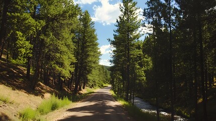 Fototapeta premium Scenic drive through pine forest with a river running parallel, natureâ€™s harmony