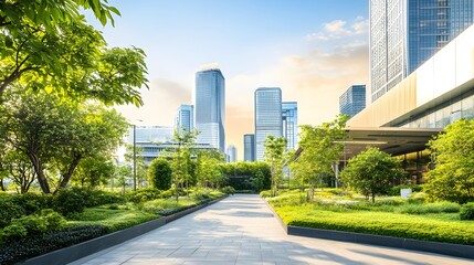Fototapeta premium Green urban park with sustainable architecture, illustrating eco-friendly economy.