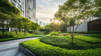 Fototapeta premium Green urban park with sustainable architecture, illustrating eco-friendly economy.