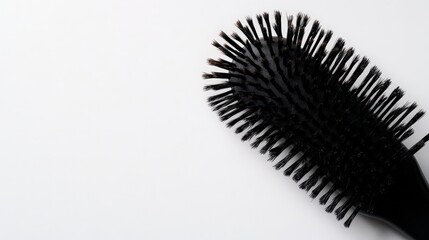 Close-up of a black hairbrush with a white background. Perfect for beauty, hair care, and personal hygiene themes.