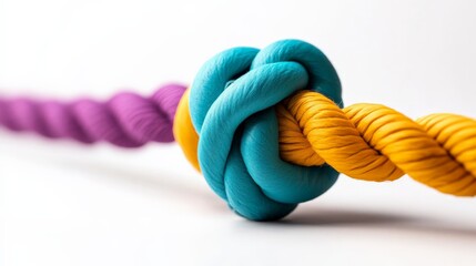 Close-up of a colorful knot made with intertwined ropes in purple, blue, and yellow on a plain light background. Symbol of connection and strength.