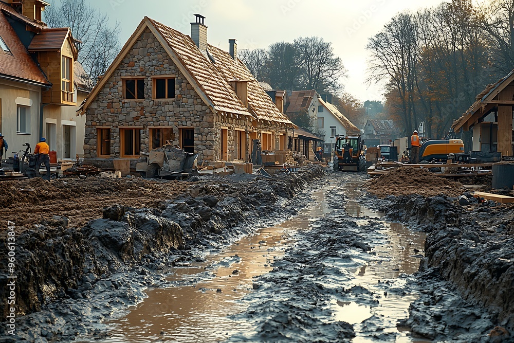 Wall mural Construction workers building eco-friendly homes with natural insulation materials.