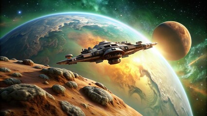 cruiser spacecraft, rocky planet, flying, green landscape, Large cruiser spacecraft flying over a rocky brown and green planet landscape drawn in sci fi comic book style Low Angle