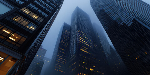 A modern city with skyscrapers surrounded by gloom and fog. Ominous metropolis, air pollution