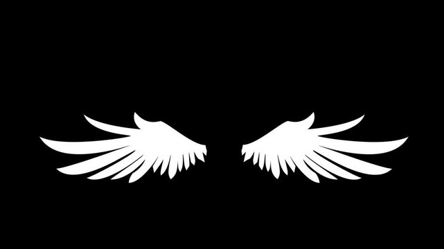 A pair of white wings flapping isolated on black background. Seamless video animation ready for element video.