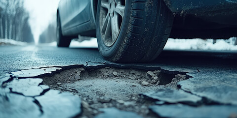 Close up of a car tire passing a pothole in the road. Cracks in the asphalt, danger of an accident