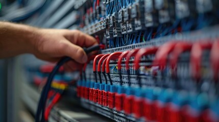 Close-up of hands skillfully wiring electrical connections in a control panel