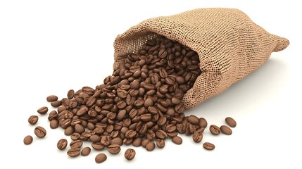 Fototapeta premium Organic coffee beans, spilling from burlap sack, 3D illustration