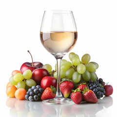 a glass of white wine with fruits aside- on a white