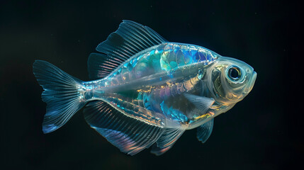 Fototapeta premium Vibrant iridescent fish with translucent fins swimming in dark waters.