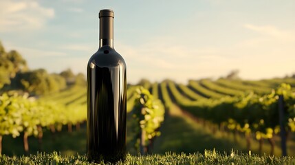 Fototapeta premium Organic wine bottle, with vineyard background, 3D illustration
